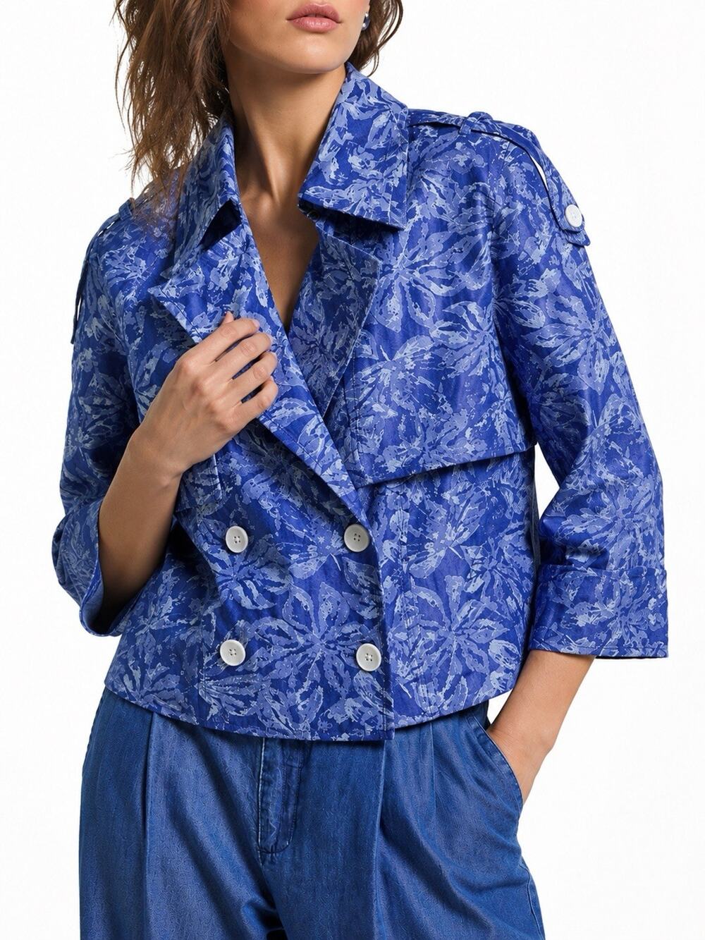 Derek Lam Crosby Elijah Cropped Blue Print Trench Jacket Women's Size XS NEW